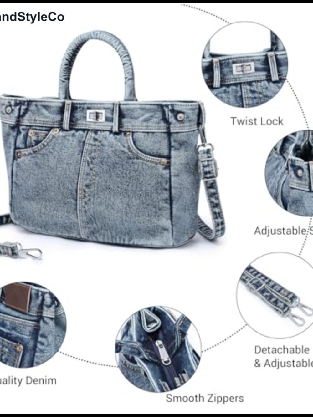 Denim Satchel Crossbody Purse with Adjustable Side Buckles and 7 Pockets - Picture 3 of 6